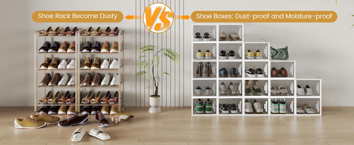 XL Large Stackable Shoe Boxes - Clear Shoe Boxes with Door, Thicken Shoe Organizer for Closet, Saving Foldable Shoe Containers Bins for Sneaker Boot - 6 Pack(White)