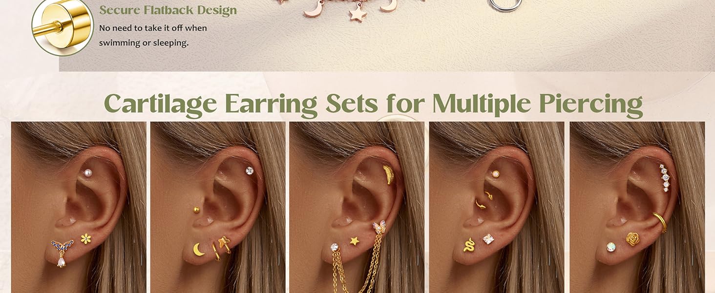 Fansilver 27Pcs Flat Back Earrings Hypoallergenic Surgical Steel Stud Earring Stacks Set Dainty Chain Dangle Cartilage Tragus Daith Helix Piercing Jewelry for Women Men Trendy 16G