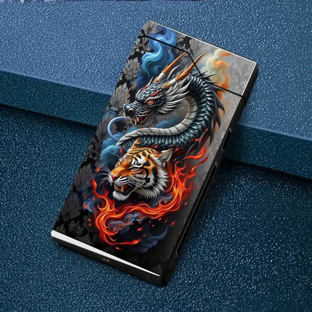 Windproof Electric Arc Lighter/Dragon And Tiger Design/Rechargeable Via Type-C/Metal Casing/Battery Level Display/Dual Arc/Gift Box/Power Cut-Off Feature