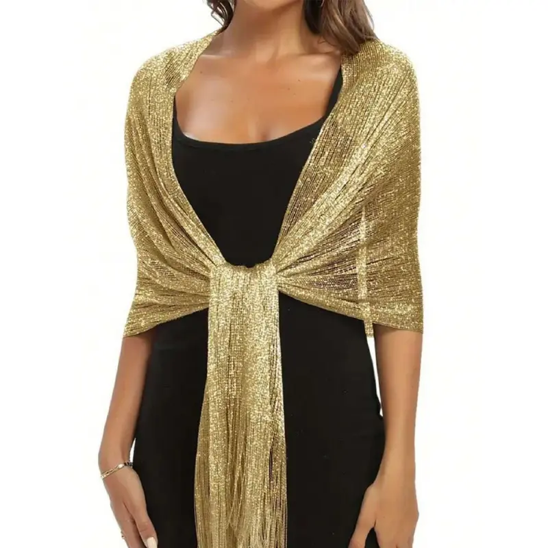 Women's Champagne Gold Shiny Metallic Artificial Shawl - Fringed, Lightweight, Breathable, Casual, All-Seasons, No Circular Clasps - Ideal for Party & Evening Dress Outerwear, Clothes, Polyester, Party Wear, Plain, Plain Finish, Women's Fashion