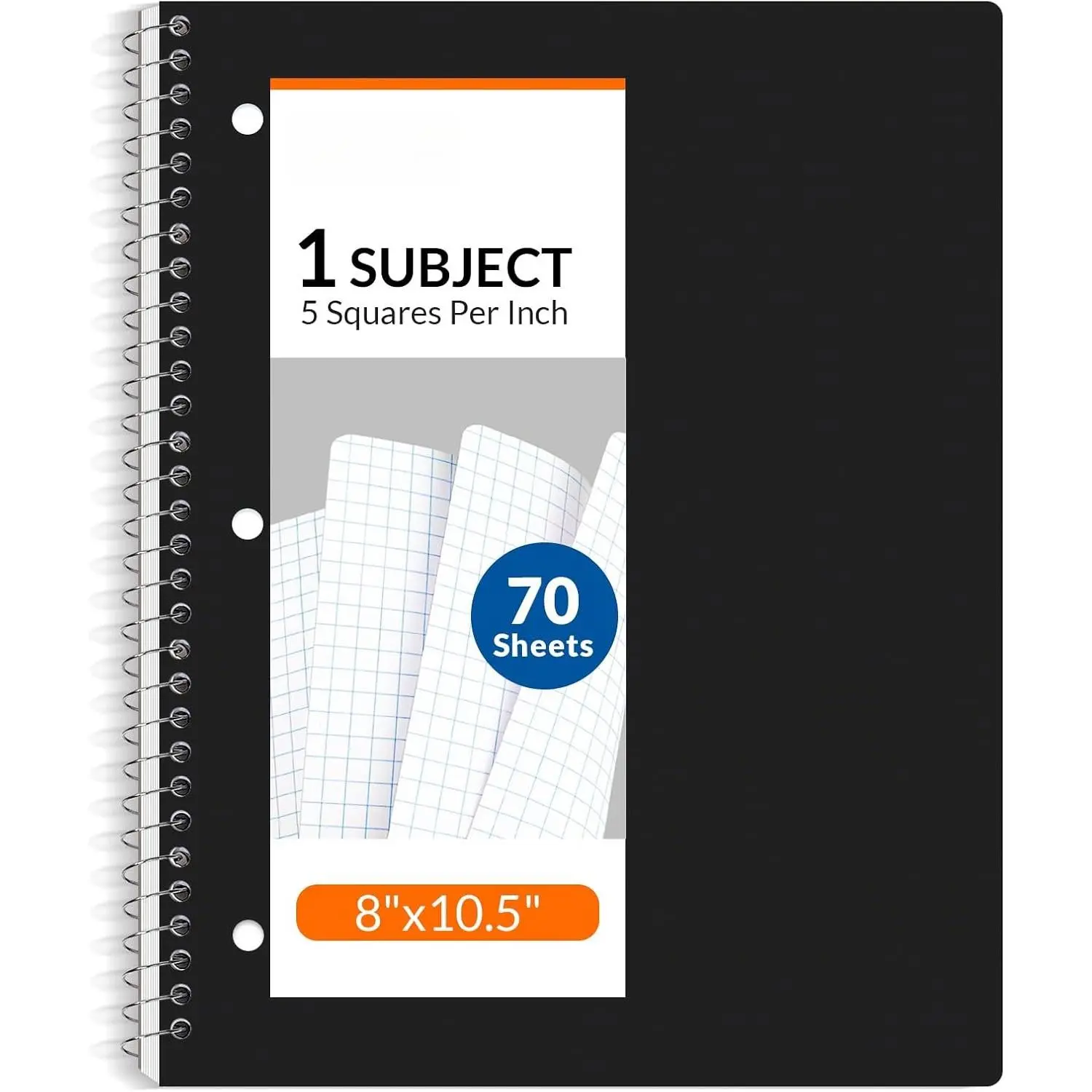Spiral Notebook, 1-Subject, Graph Ruled Paper, 8" x 10-1/2", 70 Sheets, 5 Squares per inch Spiral Grid Notebooks for Work, , School, Writing, Black