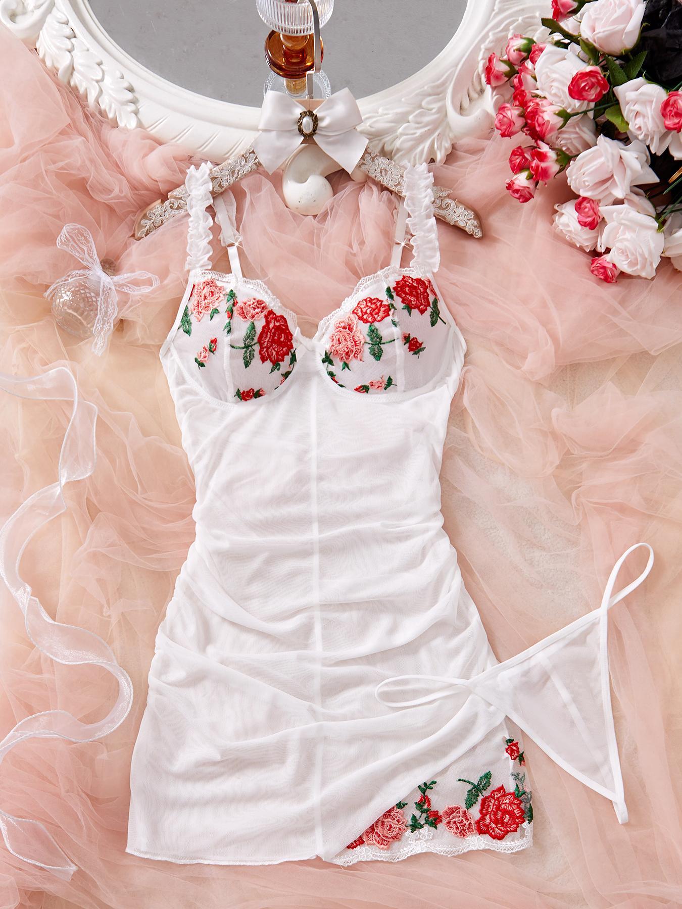 Women's Elegant Casual Homewear Loungewear Nightwear 2-Piece Set, Cami Nightdress, Rose Embroidery Floral, Adjustable Thin Straps, Lightweight Semi-Transparent Fabric, All Seasons