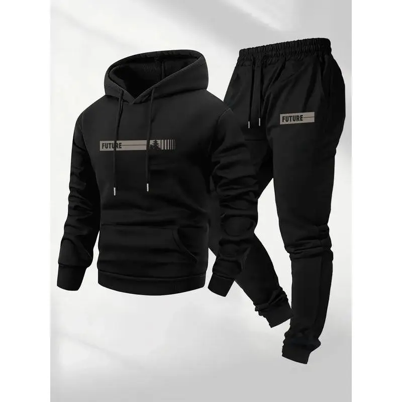 Men's Letter Print Hoodie & Drawstring Waist Sweatpants Two-piece Set, Casual Regular Fit Long Sleeve Hooded Sweatshirt & Jogger Pants for Fall & Winter, Men's Two-piece Outfits for Daily Wear