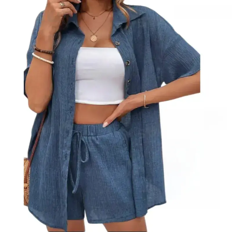 Women's 2-Piece Casual Plain Look Set - Short-Sleeves Lapel Collared Shirt with Single-Breasted Closure, Cardigan, Above-Knee Shorts