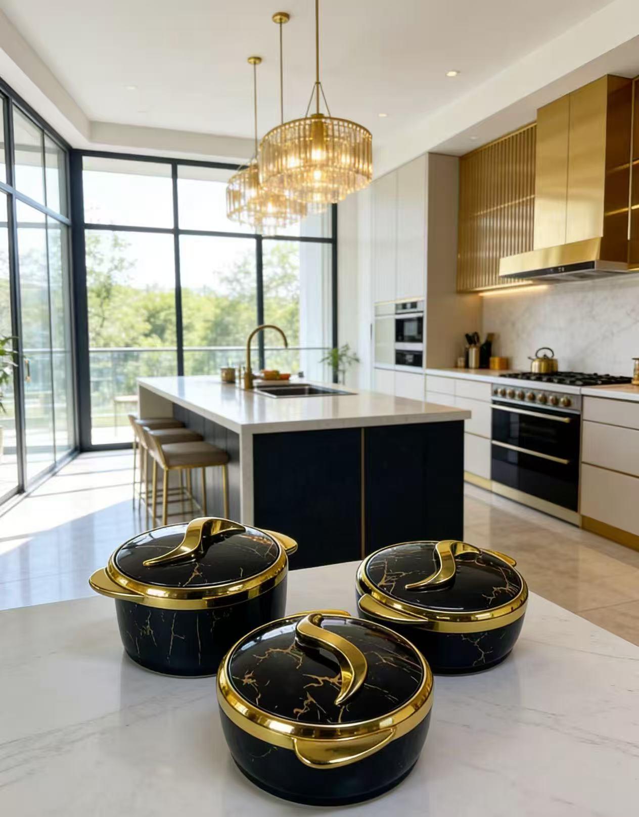 Marble-patterned insulated tableware set, 3-piece modern stainless steel insulated casserole with lid, suitable for buffet use, heat-resistant baking dish for parties and everyday use, party event supplies