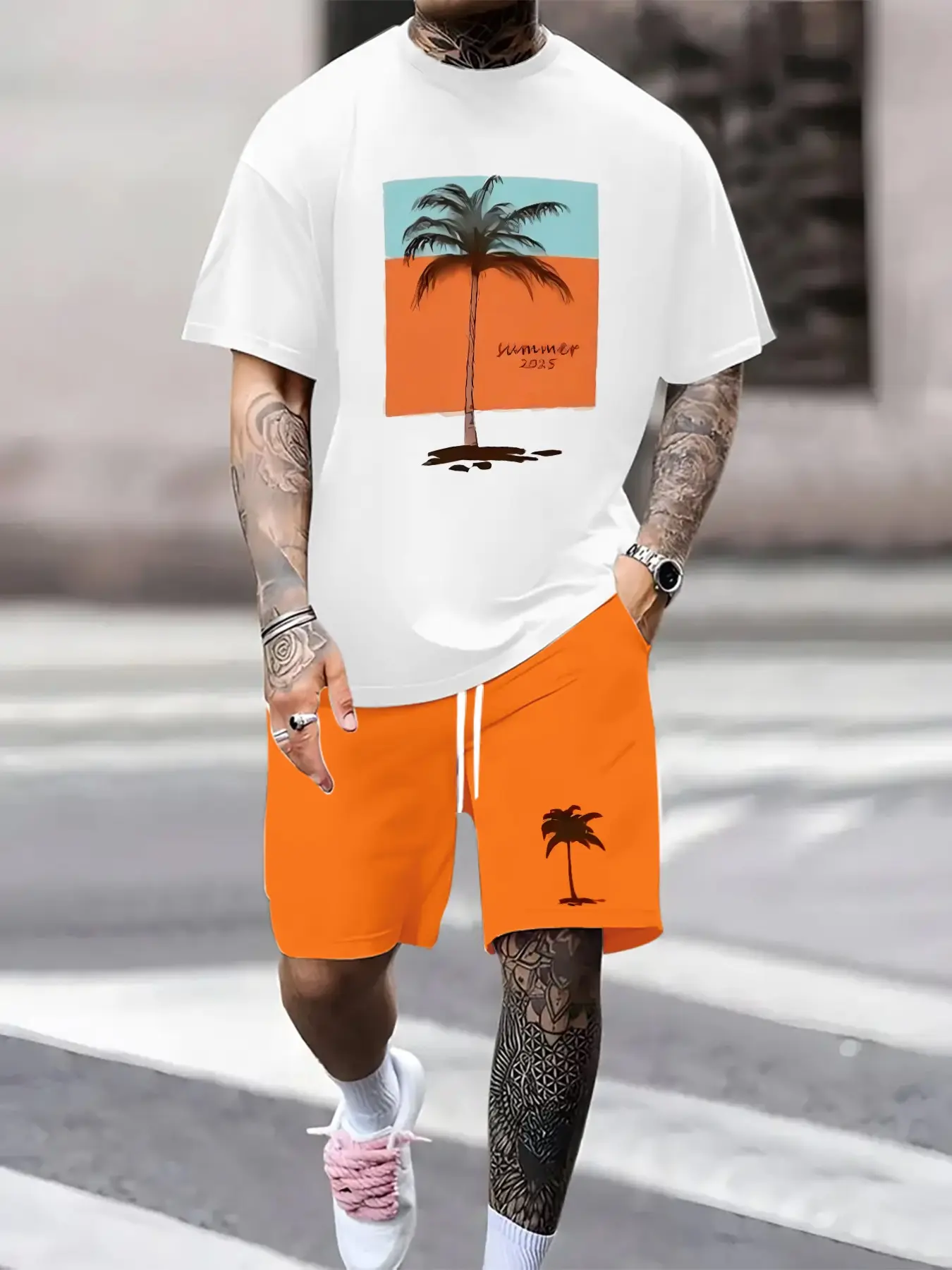 Men's Casual Slim-Fit Suit Set, Random Print Unlined T-Shirt & Camouflage Sport Pants, Outdoor Streetwear Two-Piece