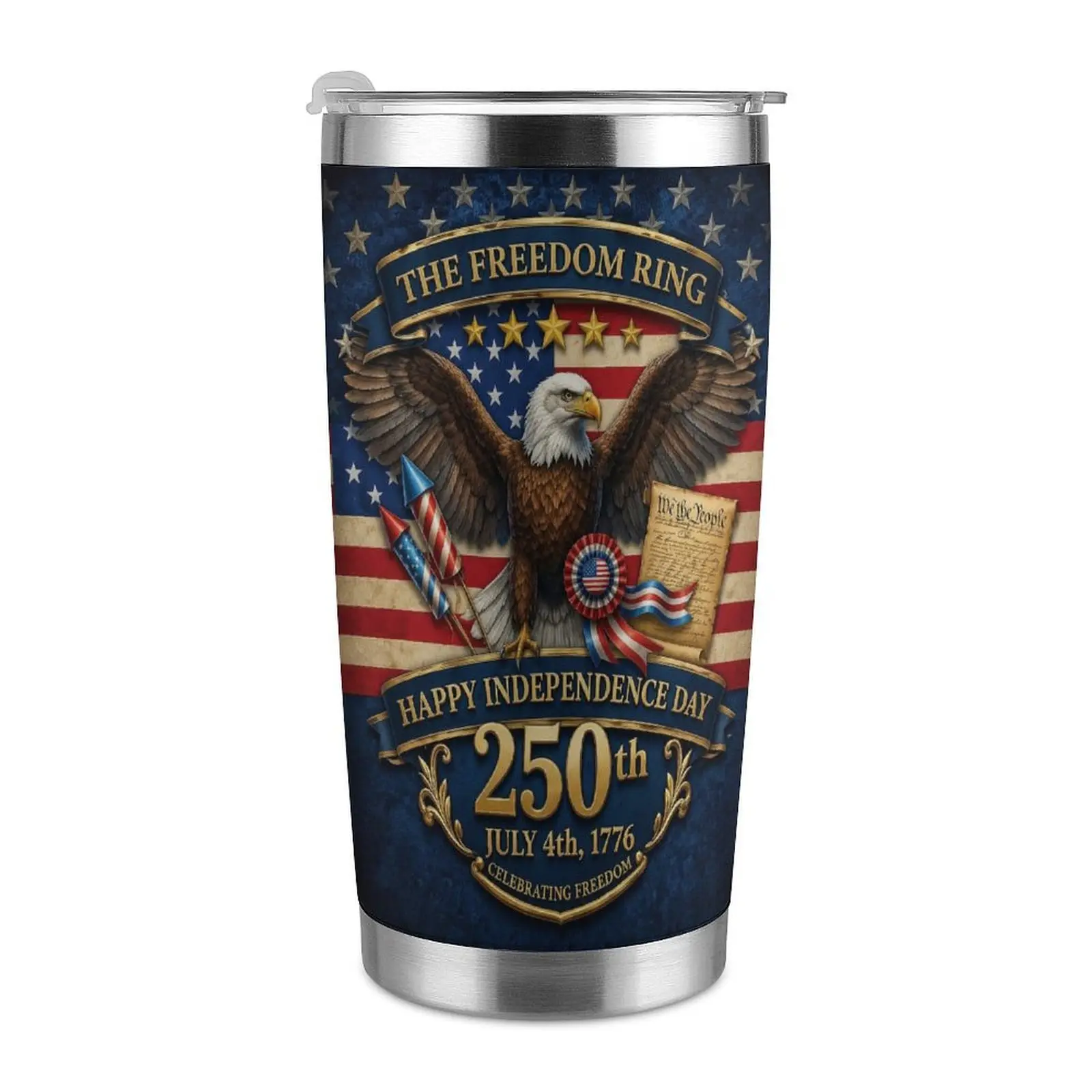 250th Independence Day Stainless Steel Tumbler with Lid, Patriotic American Flag Bald Eagle Travel Mug, Double Wall Vacuum Insulated Coffee Cup, 4th of July Celebration Gifts 20oz Tumbler