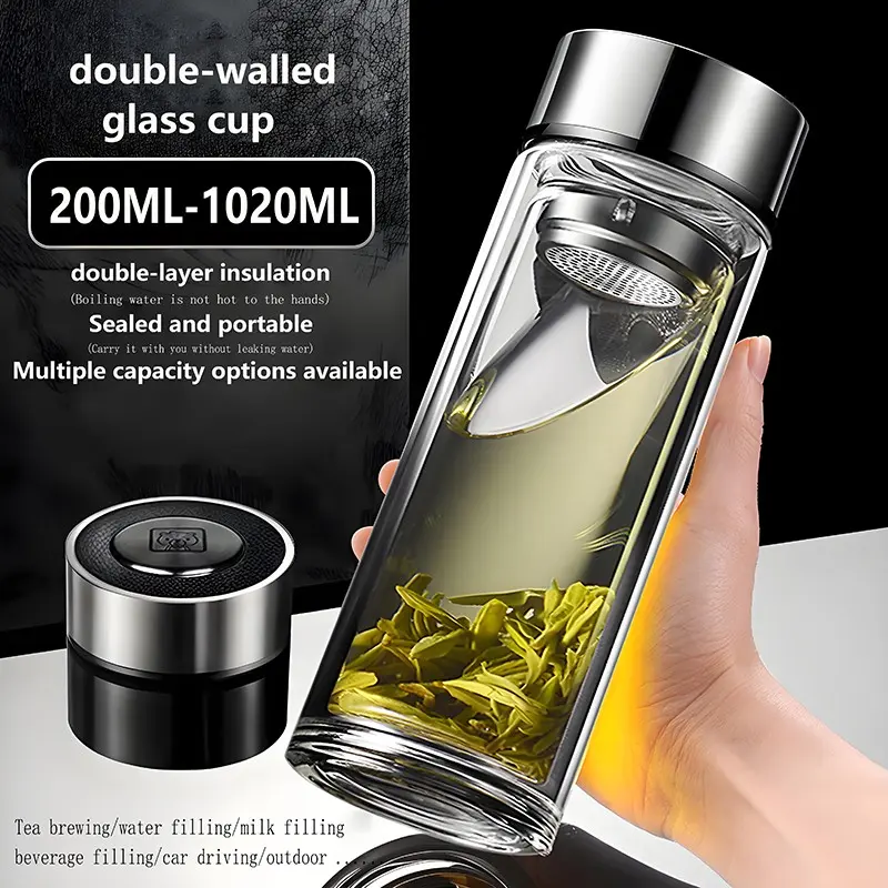 Thick Heat-Resistant Double-Wall Glass Cup, Sealed Filter Tea Mug, Suitable for Car, Outdoor, Home, Office, Holds Hot Water, Milk, Beverages, Beer, Coffee