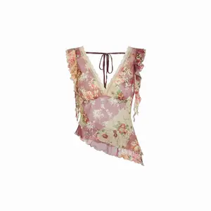 Cider Chiffon Floral V-neck Ruffle Sleeve Lace Trim Asymmetrical Hem Top Dealsforyou