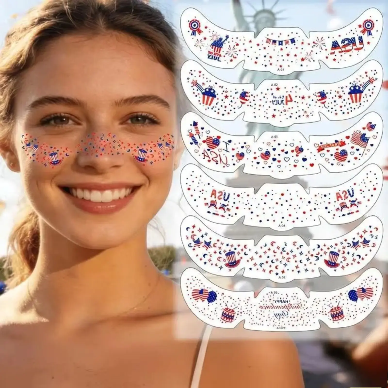 Patriotic Freckle Face Temporary Tattoos, realistic skin-friendly accessories for women. Ideal for 4th of July, anniversary parties and all summer themed events.