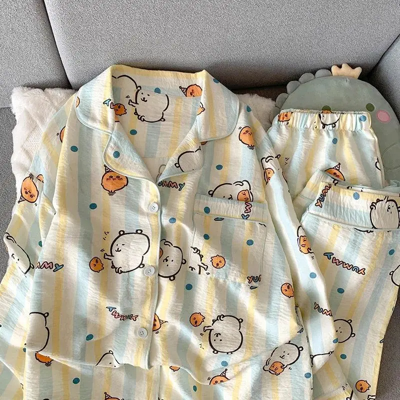 Rilakkuma Joke Bea Women's Long-Sleeve Pajama Set, Yellow Plaid Cartoon Nightwear, Spring-Autumn Loungewear Pyjamas for Girls, Home Wear, Cute Plaid