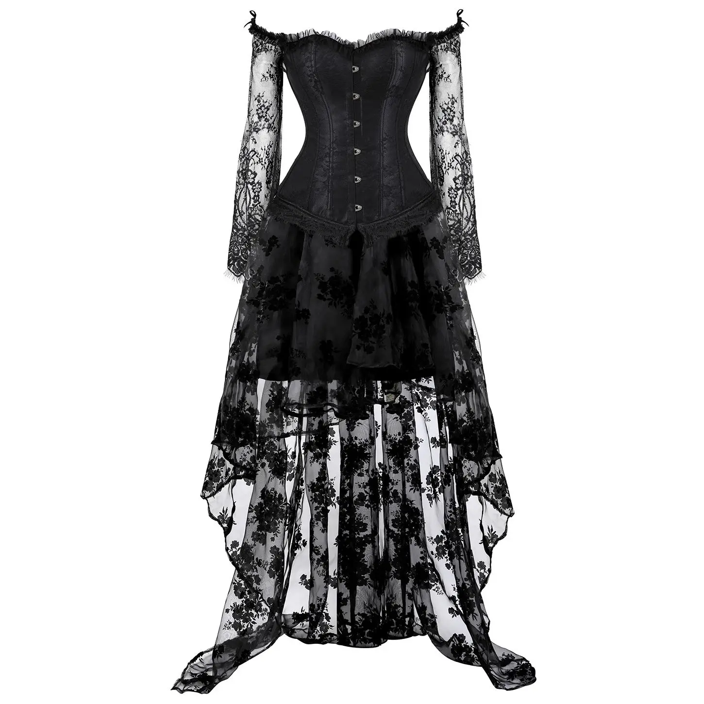 Women's 2-Piece Plus Size Corset Dress Set - Vintage Halter Neck Floral Lace Bustier Top & Long Skirt, Casual Witch Halloween Goth Cosplay Costume (Black, White, Red)