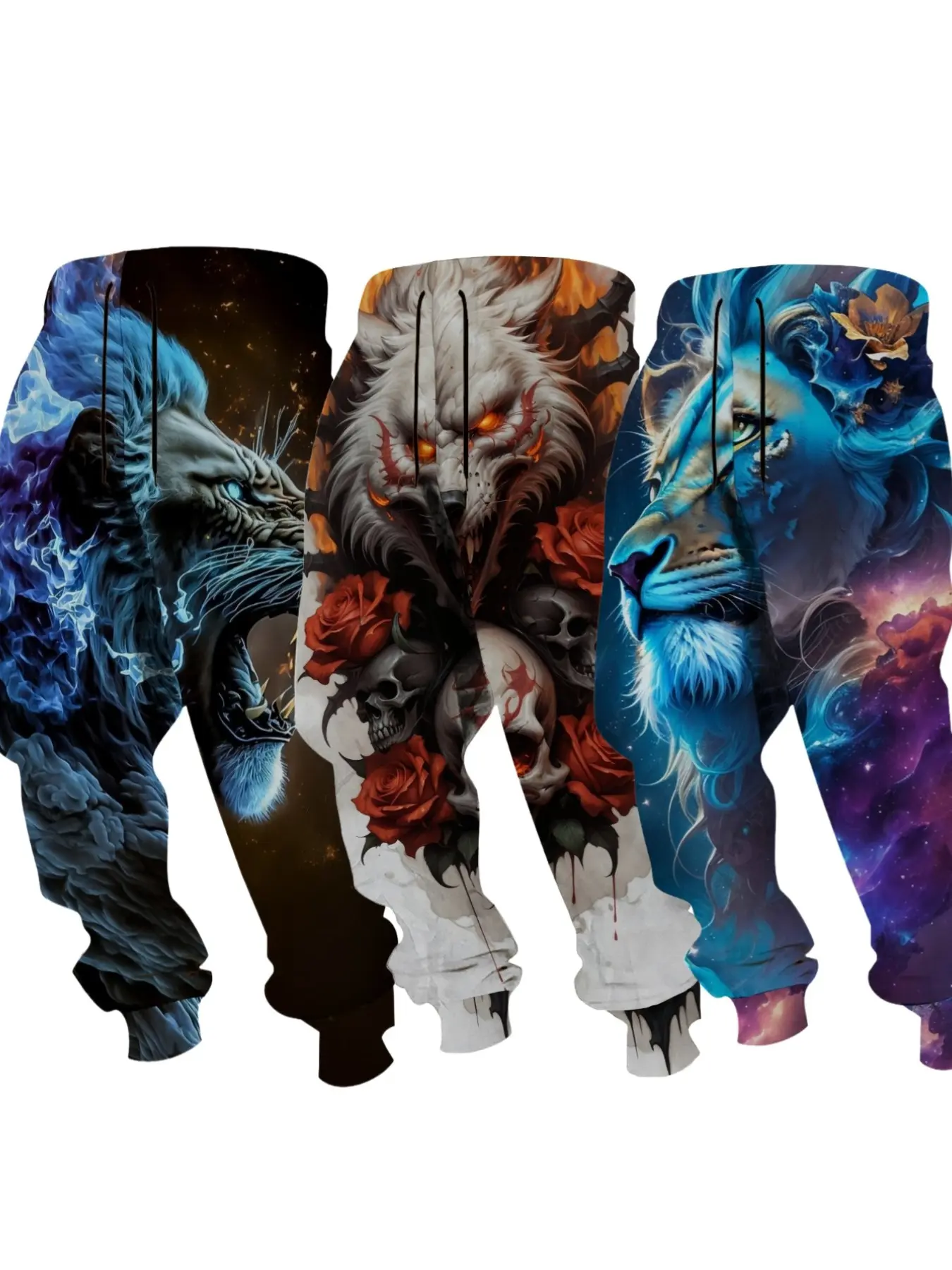 Men's 3-Pack Animal Print Sweatpants Set, Blue Flame Lion Star Wolf Skull Rose Full Print Drawstring Long Pants Combo
