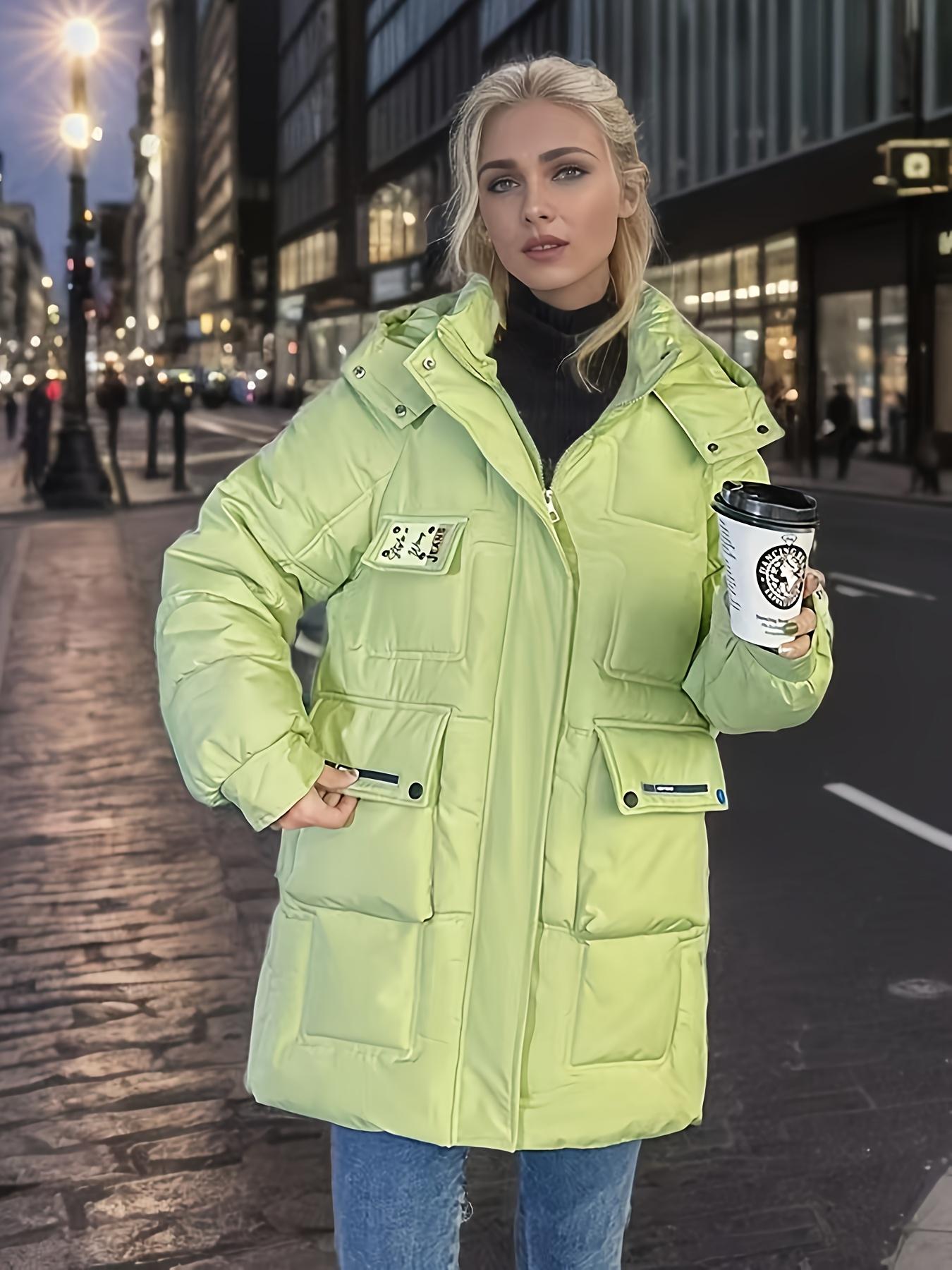 Women's Neon Green Winter Jacket - Thick Windproof Coat with Hoodie-like Collar, Mid-Length Warm Outerwear for Women, Casual Outerwear, Warm Coats For Women, Warm Coats For Women Long, Very Warm Winter Coat For Women, Warm Coat For Women, Warm Winter Coat