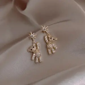Pair of Golden-Tone Star-Studded Bear Earrings - Sparkling Zinc Alloy Dangle Jewelry for Birthdays, Anniversaries & Parties, Elegant Gift for Teenager, Party Accessory|Playful Bear Design|Sparkling Embellishments, For Teenager