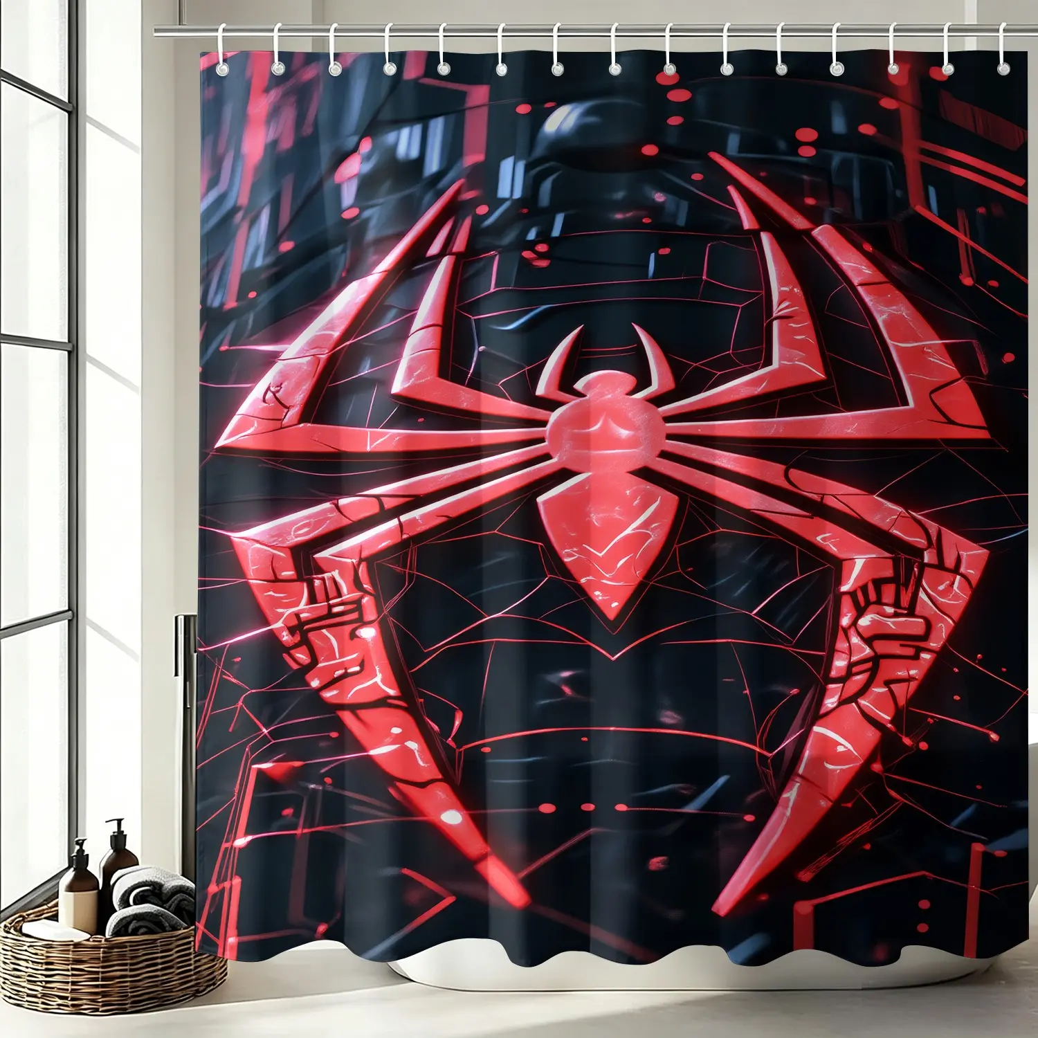 Cool Neon Red Spider Shower Curtain Set, Waterproof Cloth Fabric Bathtub Curtain 72"x72" with 12 Hooks, Tech Web Logo for Young Male Teen Boys Gaming Bathroom Decor Accessories