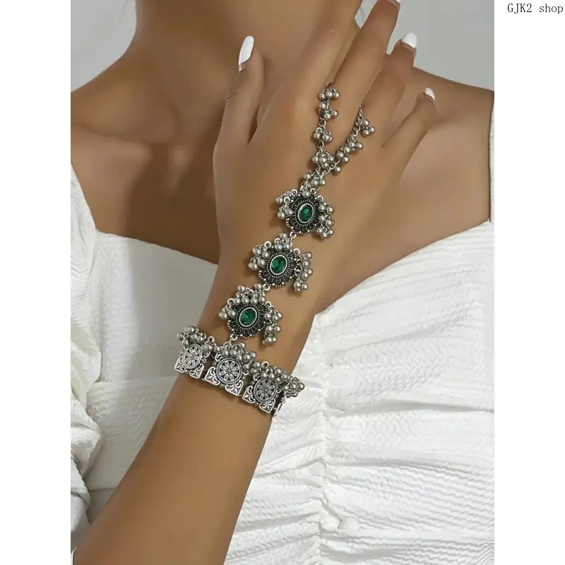 Antique Silver Hand Chain Bracelet, Ethnic Green Crystal Slave Bracelet