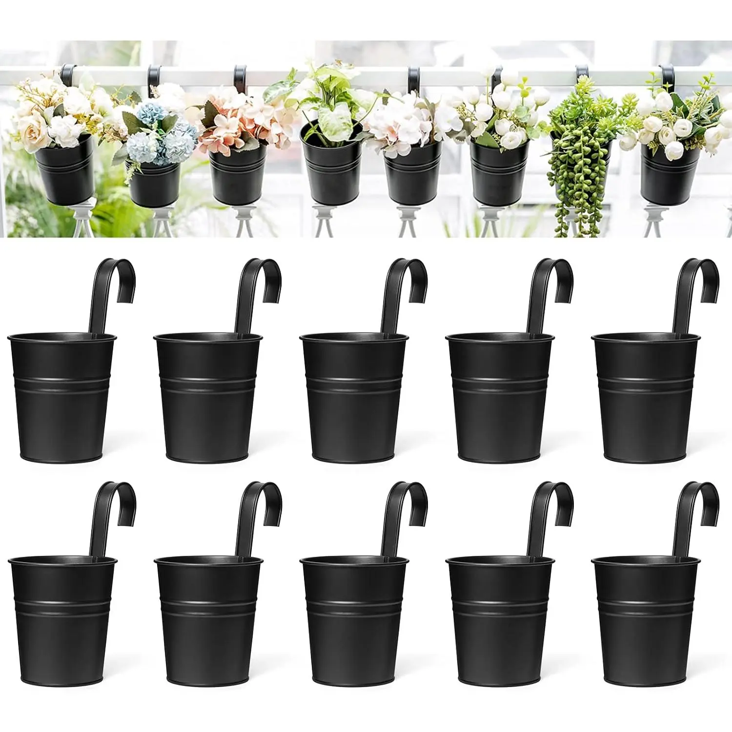 10 count 3.8 Inches Small  Flower Pots Metal Iron Bucket Planter for Railing Fence Balcony Garden  Decoration Flower Holders with Detachable Hooks, Black