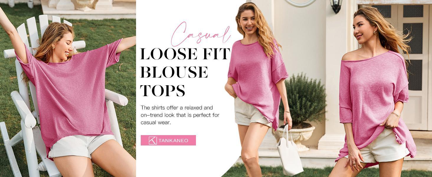 Imily Bela Women's Oversized T Shirts Casual Summer Crew Neck Loose Dropped Short Sleeve Side Slit Hem Blouse Tunic Tops