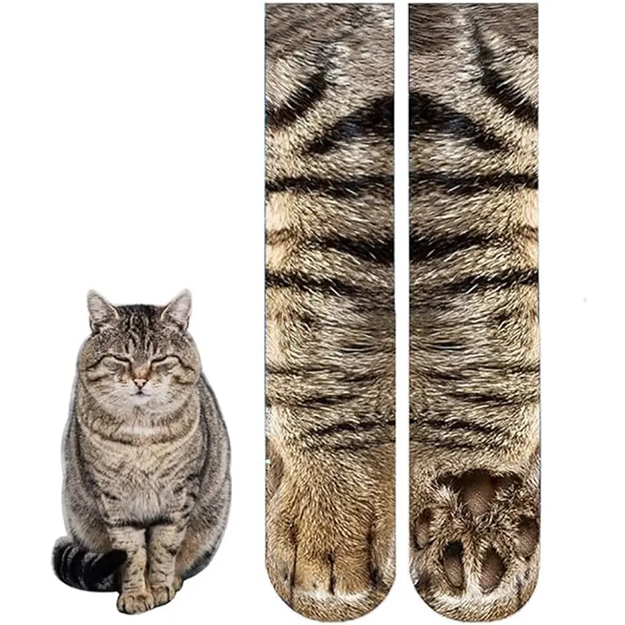 2 Pairs Realistic Animal Paw Print Socks, 3D Cat Tiger Leopard Pattern, Soft Stretch Casual Crew Socks, Soft Comfy Hosiery, Casual Daily Socks, Fun Footwear for All Seasons