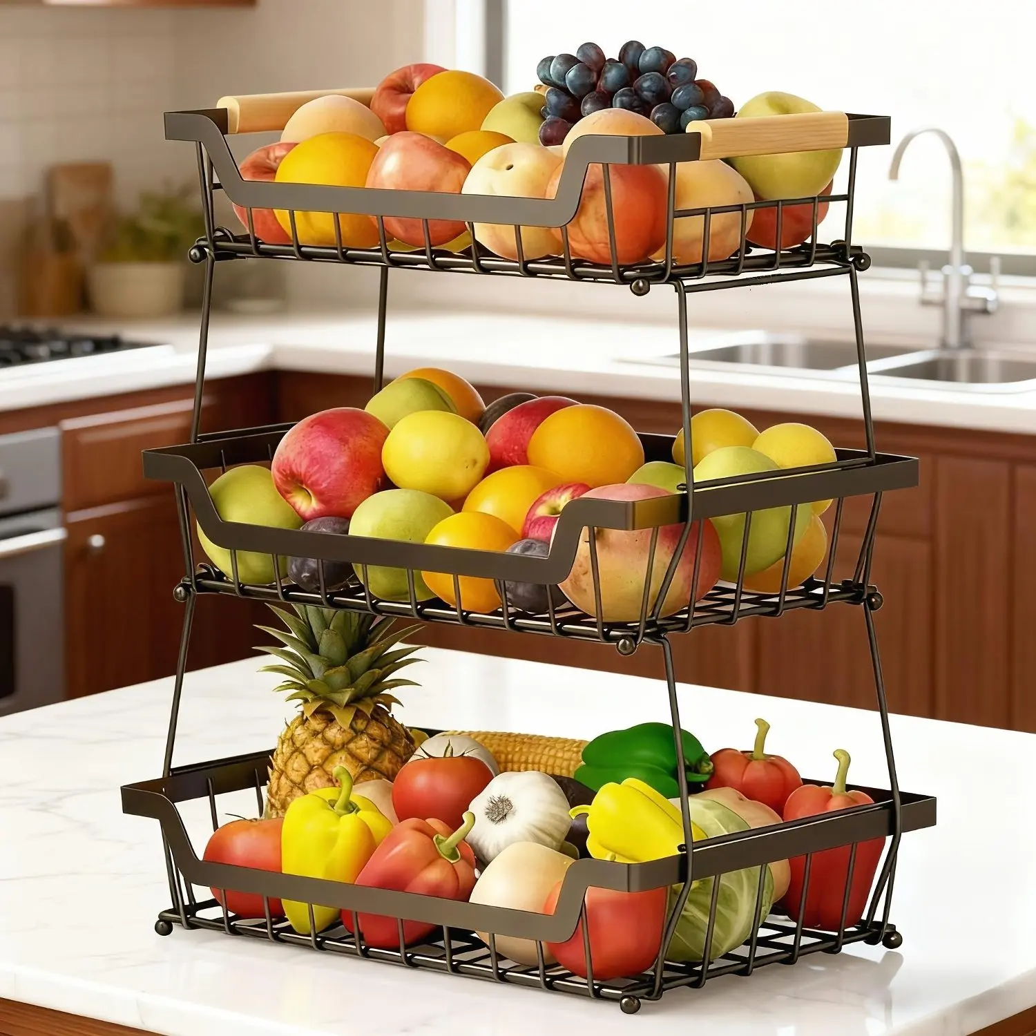 Large Capacity Metal Fruit Basket Removable With Banana Hook, Multifunctional Countertop Fruit And Vegetable Basket For Kitchen Countertops With Wooden Handles To Store Bread, Fresh Vegetables And Fruits, Perfect For Holiday, Gatherings And Parties