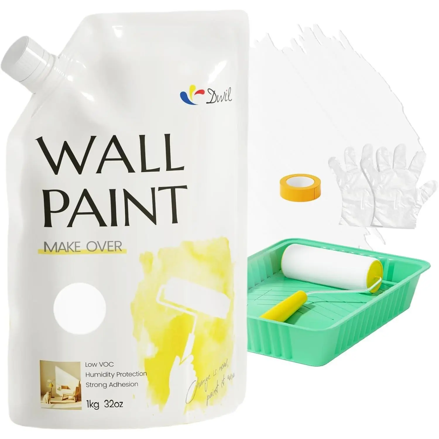 32oz Interior/Exterior Paint Pack, White Wall & Ceiling Water-Based Paint with Roller Kit, No Sanding, Quick Drying, Low Odor, Covers 80-86 sq.ft