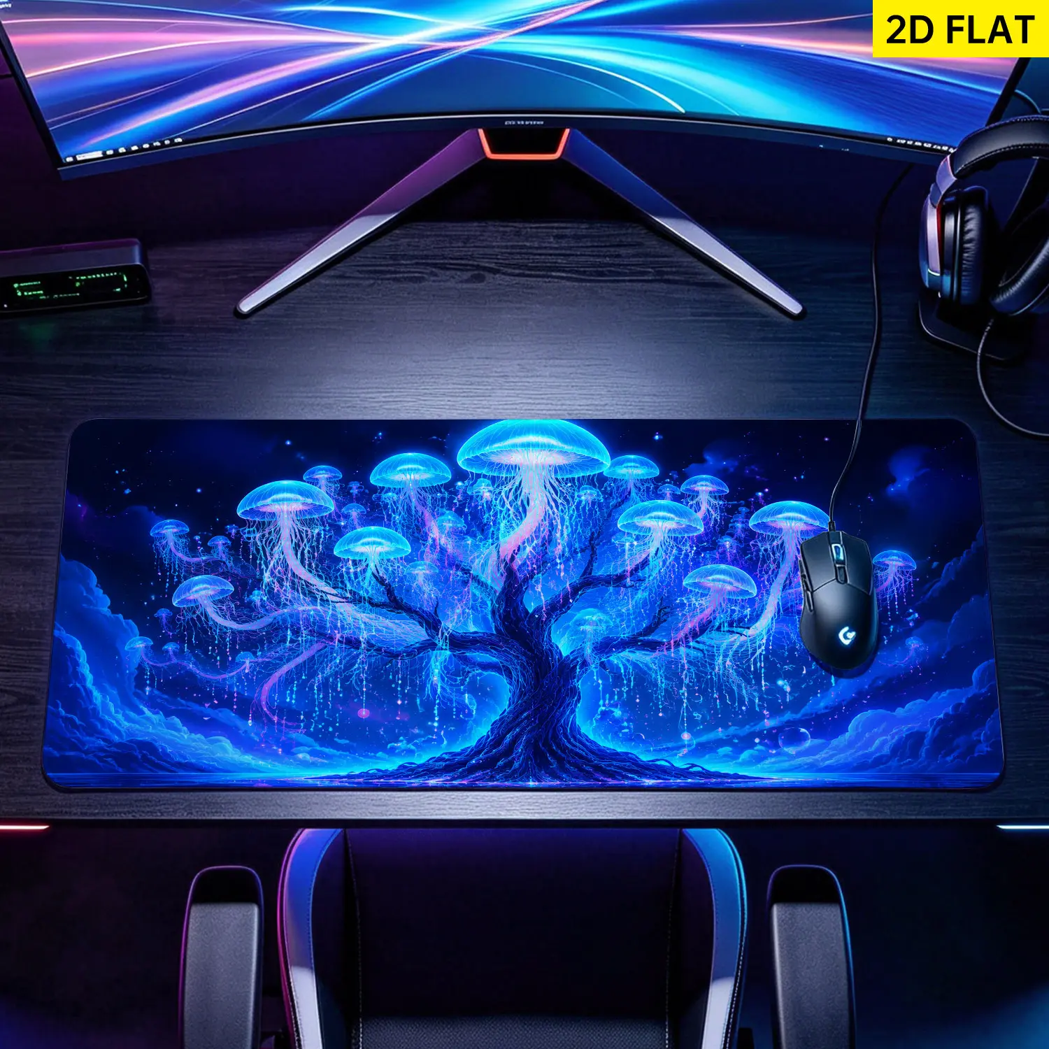 Extra Large Fantasy Art Glowing Jellyfish Tree Mouse Pad, Non-Slip Rubber Base, Multi Sizes, Lock Edge, Washable Desktop Protection Pad for Gamers-Office, Home Use, Gift for Family & Friends