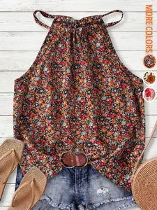 Women's Floral Casual Halter Neck Drawstring Tank Top, Perfect for Daily Commute and Home Wear, Comfortable and Stylish