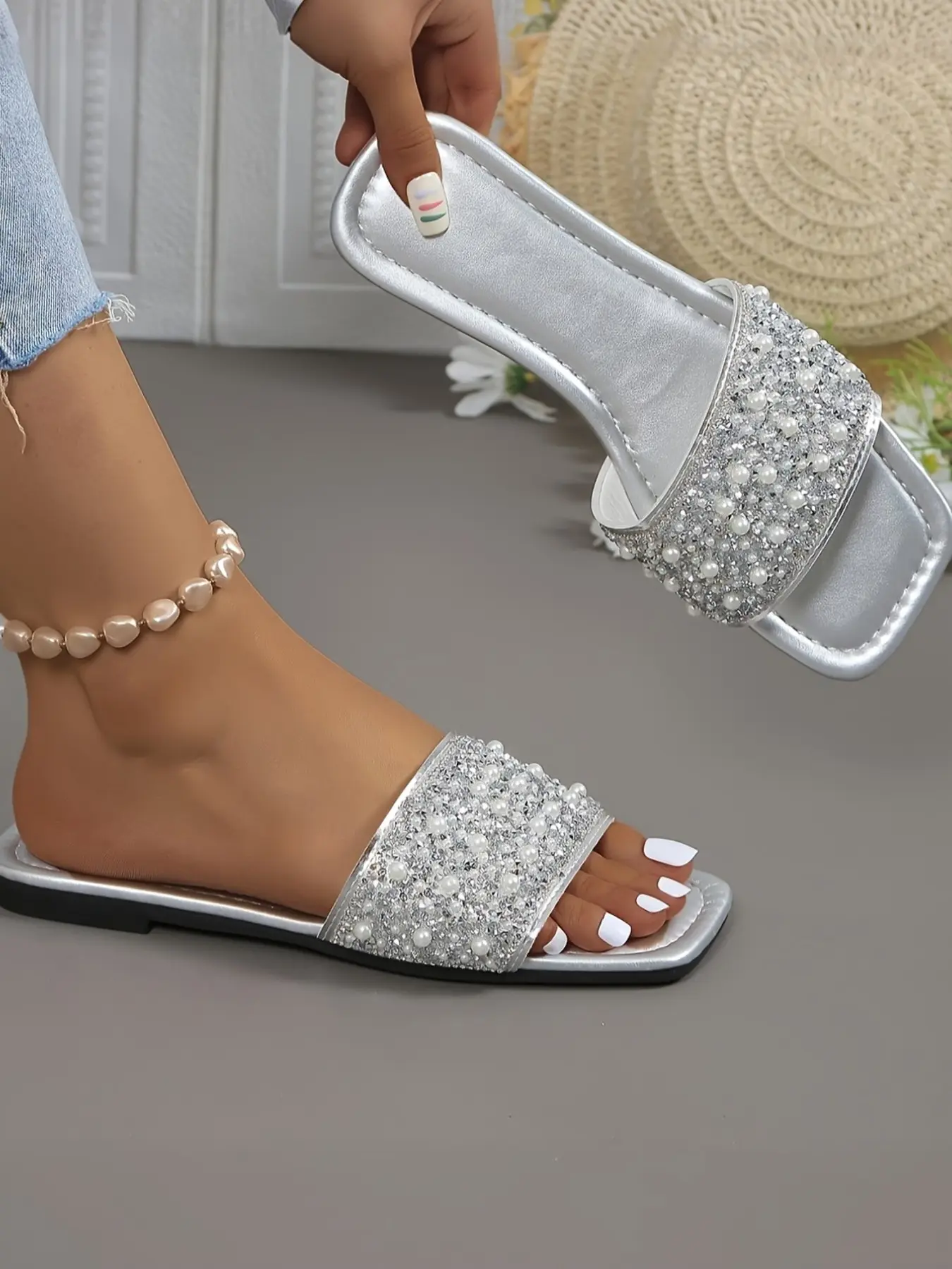 Silver Color Sequin Pearl Square Toe Slippers, Women's Flat Soft Sole Outdoor Anti-Slip Vacation Sandals, Home Shopping Date Versatile