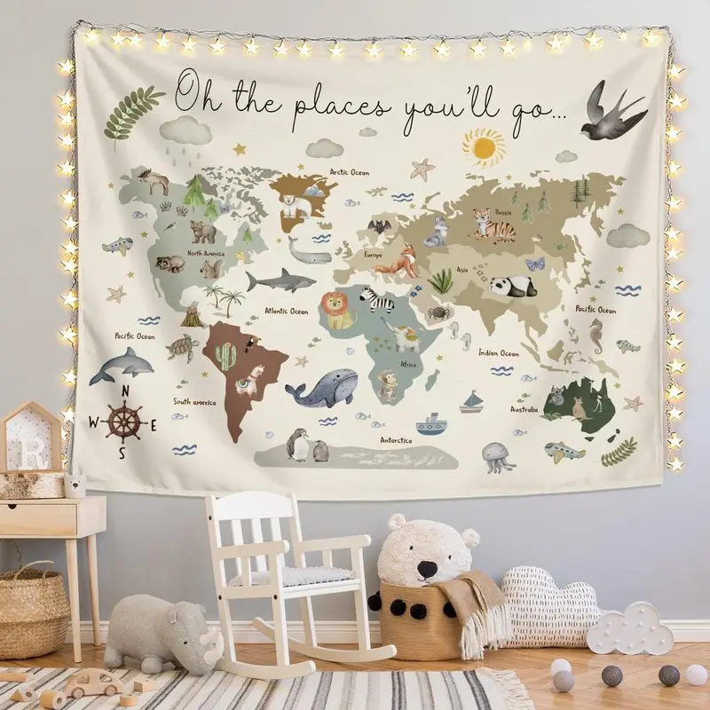 LIANGW Boho Kids World Map Tapestry Wall Hanging for Classroom 50x60 Inch  Animal Continents Wildlife Educational Geography Learning Wall Blanket Decor for Classroom Toddler Kids Room Nursery Playroom