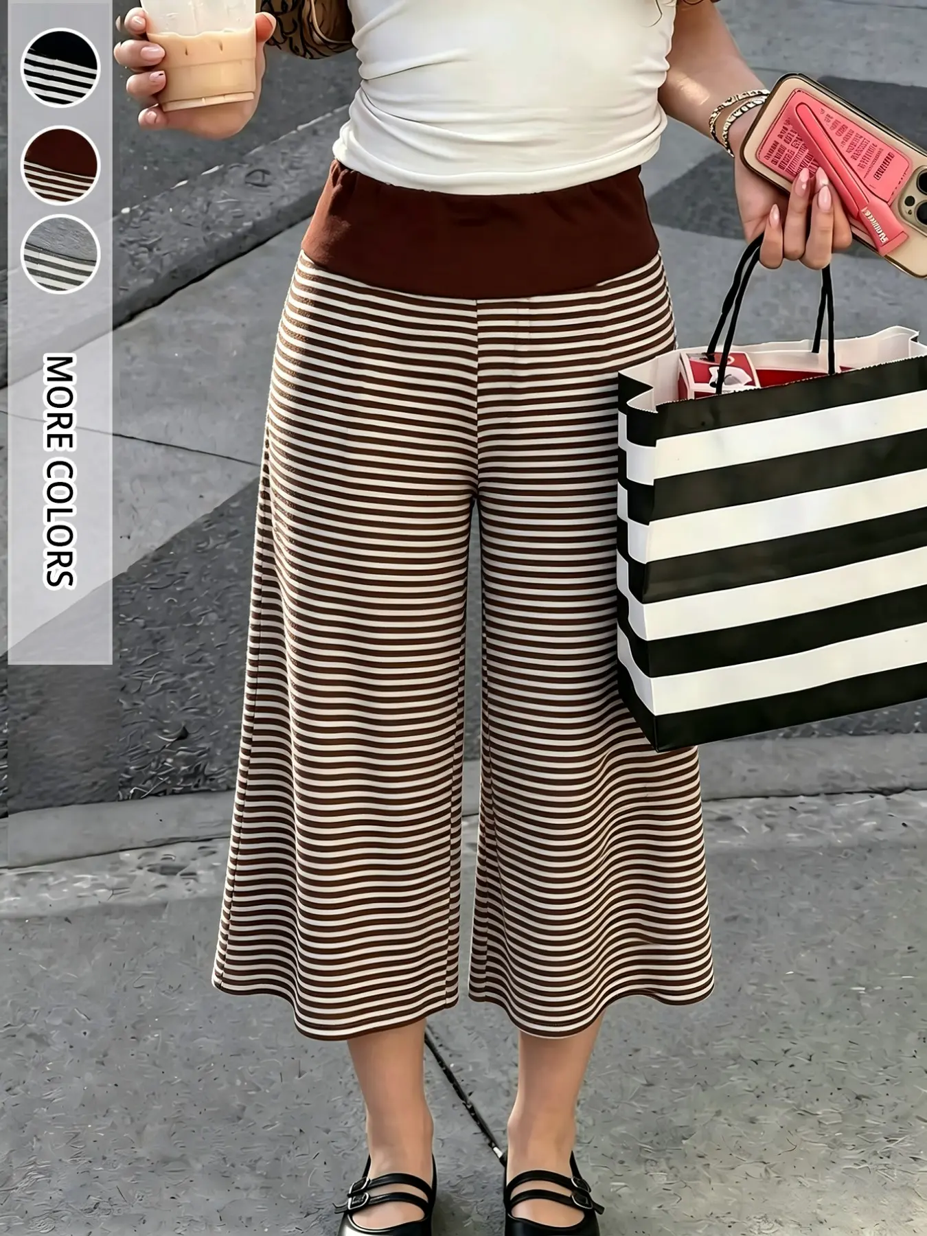 Basic Waist Patchwork Horizontal Stripe Seven-Eighths Micro Flare Pants, Soft Skin-Friendly Loose Wide Leg Mid-Length Pants, European Style Daily Wear