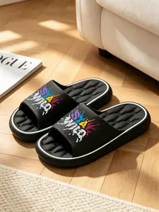 One-piece molded EVA slide sandals with splashed contrasting color artistic letter print and three-dimensional grid cushioned insole for daily casual wear (Shoes run small; order one size up)
