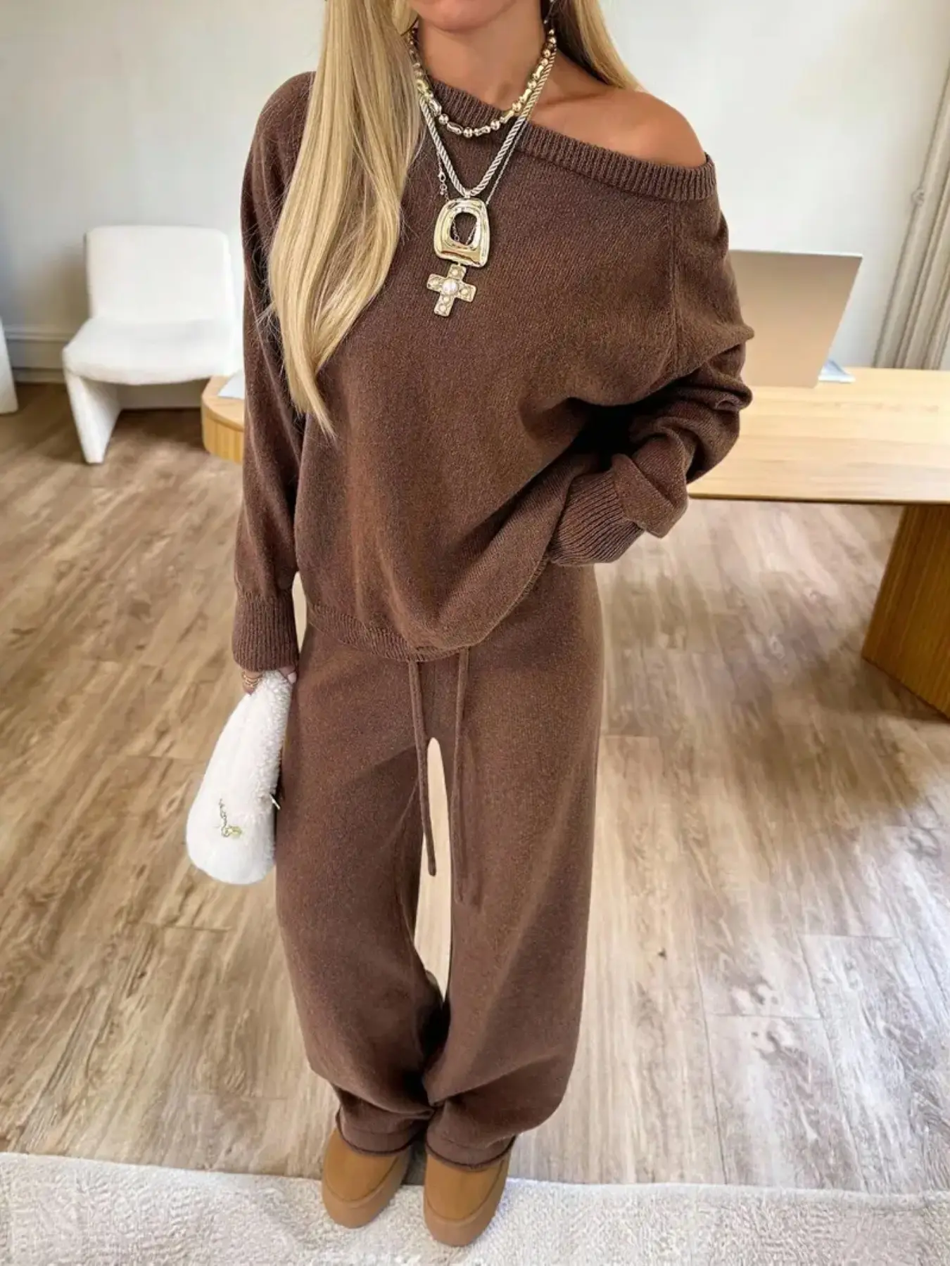 Women's Comfortable Knit Set, Shoulder-Exposed Sweater & Long Pants, Trendy Style, Soft Knit, Loose Fit, Perfect for Home, Casual Gatherings, Winter Vacation