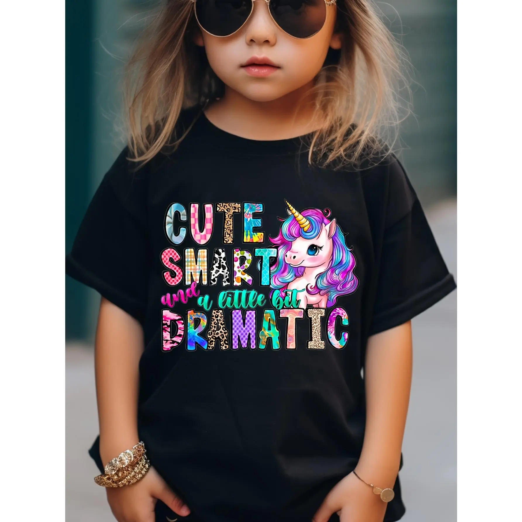 Girls' Casual Sports Graphic Top - Comfortable Round Neck Short Sleeve Kids Clothing Girls with Colorful Unicorn Print & Letter Design for 4-13y (6-7y,8-9y,10-11y,12-13y) All-Season Wear