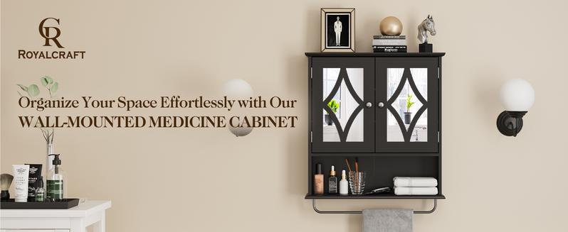 RoyalCraft 22x25 Bathroom Medicine Cabinet with Mirror, Large Wood Wall Mounted Storage Cabinet with Shelves and Towel Bar, Over The Toilet Storage Cabinet for Bathroom, Laundry, Living Room