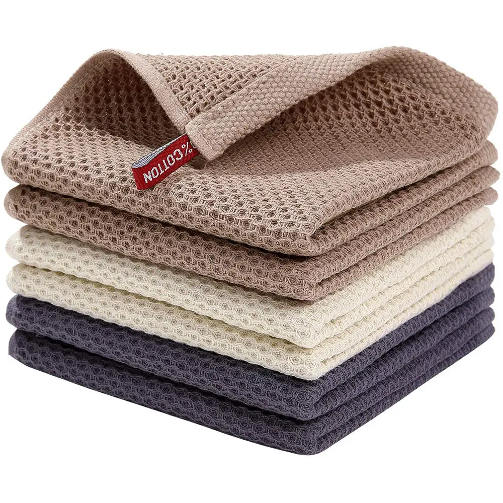 Cotton Waffle Kitchen Towels, 6 Pack, Soft & Absorbent Dish Cloths, Quick Dry with Hanging Loop, Dark Gray, 12 x 12 Inch