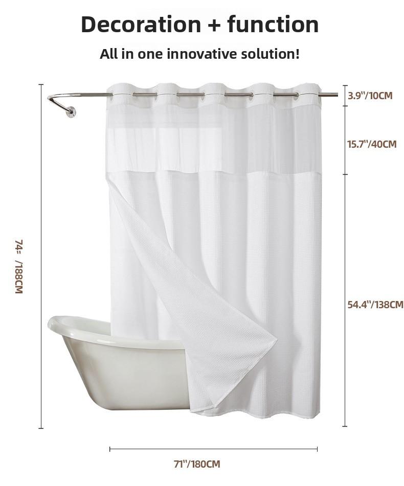 Waffle No Hook Double Layer Solid Color Shower Curtain with Sheer Waterproof Polyester Bath Curtain Detachable Suitable for Hotel Bathroom Partition