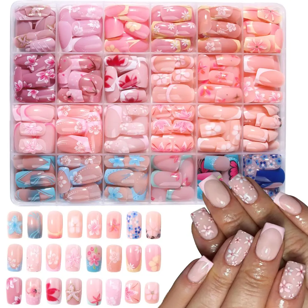 576pcs Multicolor Short Square Press-On Nails, Flower Patterns, Includes Gel Adhesive and Nail Files, Perfect for Summer Home Nail Art