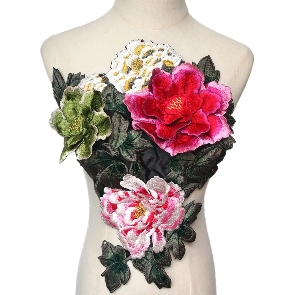 Embroidered Peony Flower Leaves Elegant Floral Lace Fabric Sew Patch Trimmings Floral Lace Applique For Wedding Gown Dress Clothes Decor DIY Crafts Floral Appliques
