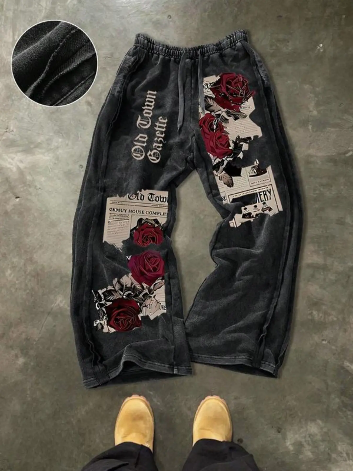 Men's Washed Vintage Newspaper Rose Gothic Letter Drawstring Wide Leg Sweatpants, Dark Retro Subculture Cleanfit Loose Long Pants