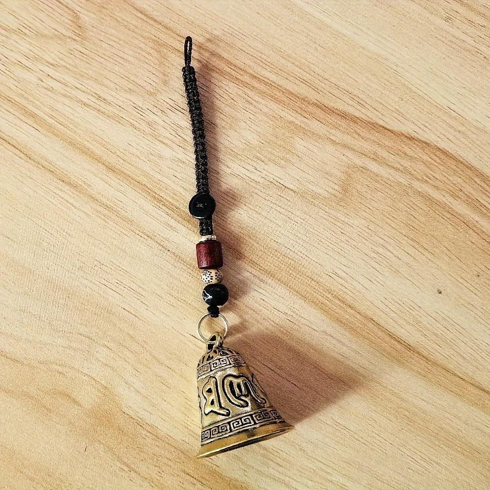 Vintage Brass Bell Pendant Keychain With Handmade Rope Lanyard, Six-Mantra Inspired Decorative Charm, Portable Hanging Ornament for Car Keys and Daily Bag Decoration