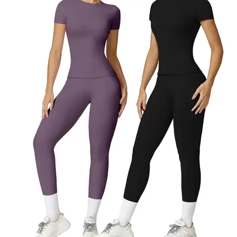 2PCS Women Quick Dry Yoga Active Wear Set Workout Sportswear Gym Clothing Fitness Short Sleeve Top High Waist Leggings Sports Suits
