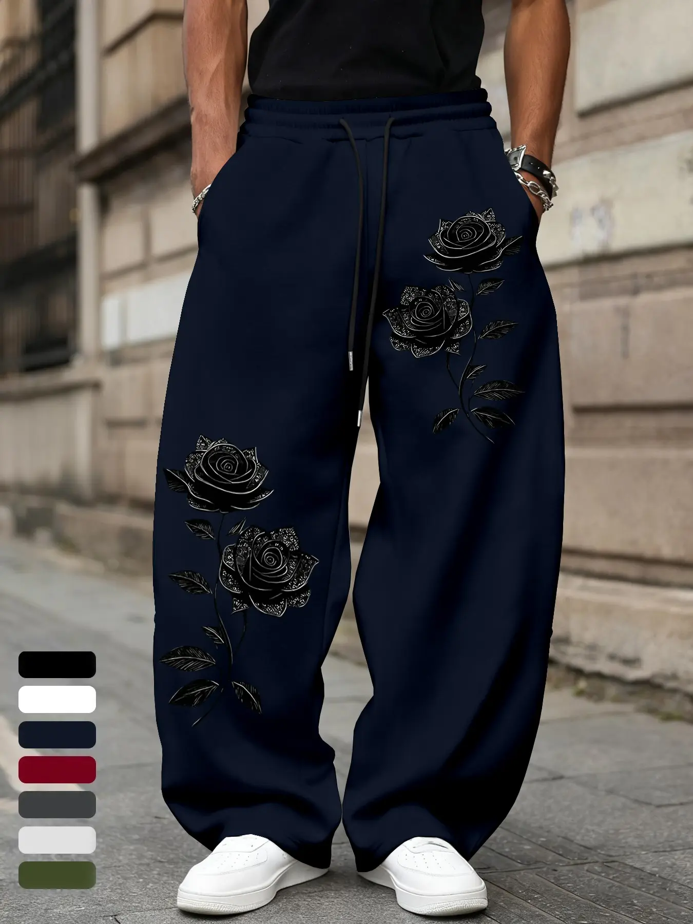 Men's Rhinestone Rose Vine Symmetrical Print Drawstring Wide Leg Pants, Loose-Fit Soft Knitted Fabric, Gothic Style Long Trousers
