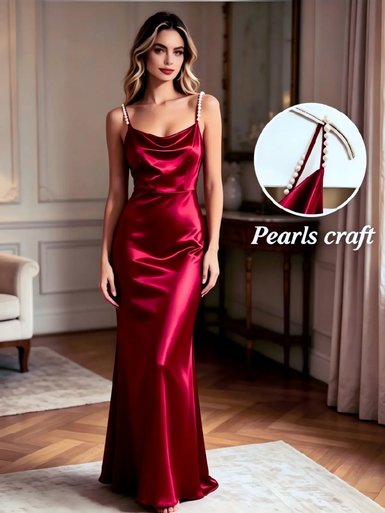 Handmade Beaded Shoulder Strap, High Drape Satin Fabric, Slim Fit Long Dress, Luxury Evening Gown, Elegance, Formal, Women, New Style, French Mermaid Neckline, Pearl