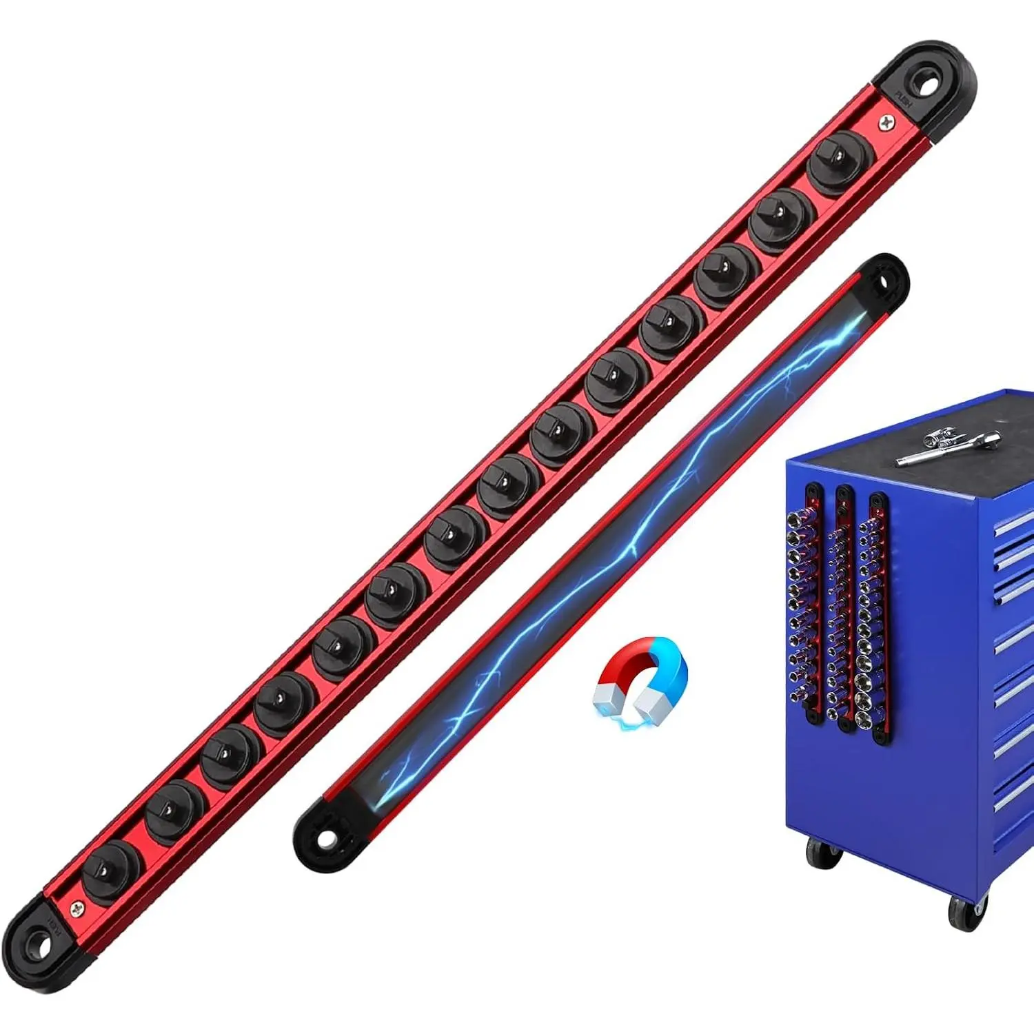 1/4-Inch  Socket Organizer Rail,  Alloy Socket Rail, Heavy Duty Sockets Holder with 14 Clips, 360° Swivel Clip Tool Tray, Sockets Organizer for Tool Box Drawer (Red)