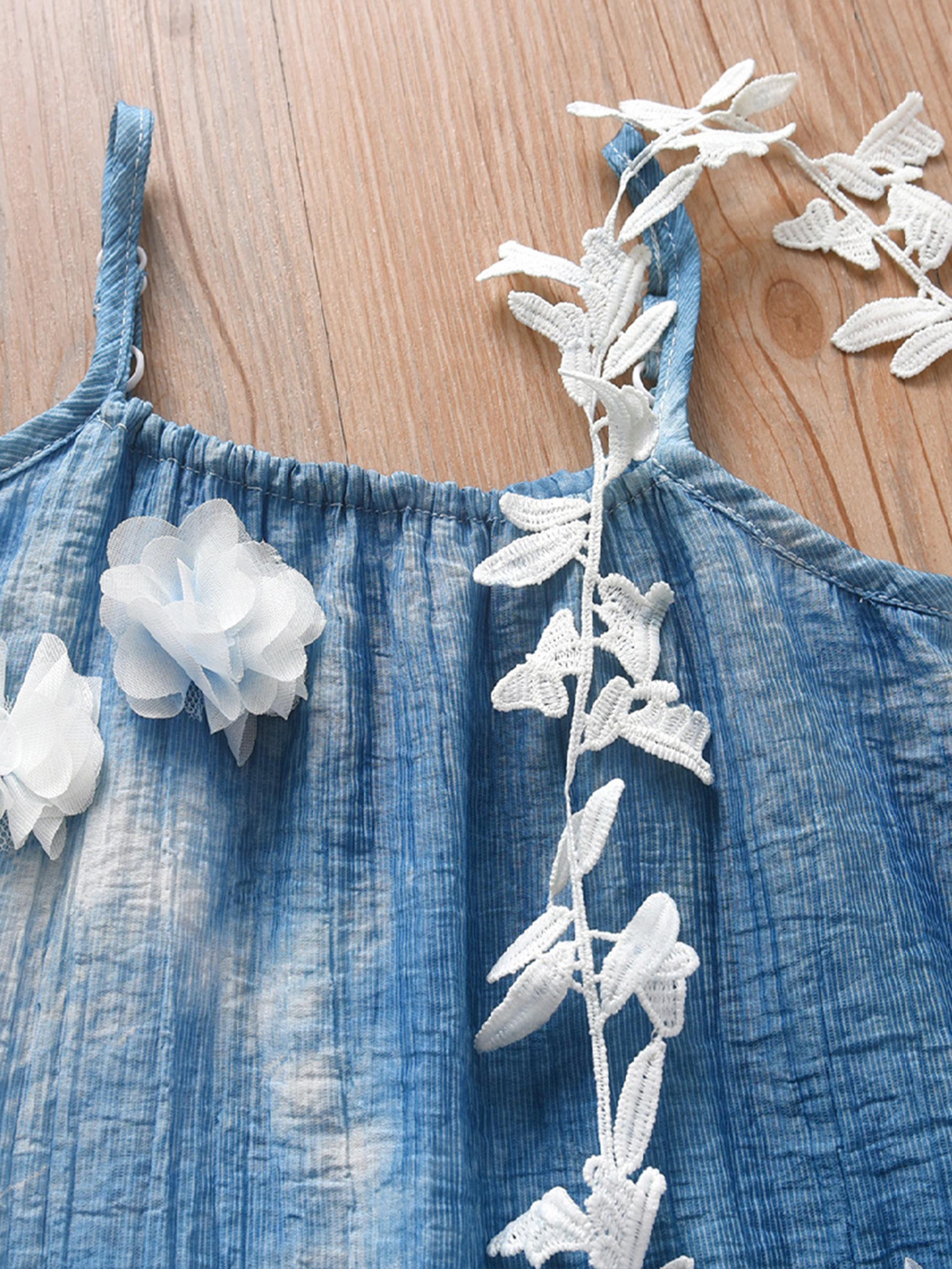 New summer style girls' fashionable and sweet dress, hand-dyed with three-dimensional flowers, girls' strap dress, beach vacation style sleeveless strap dress, fresh, cute and casual, suitable daily wear