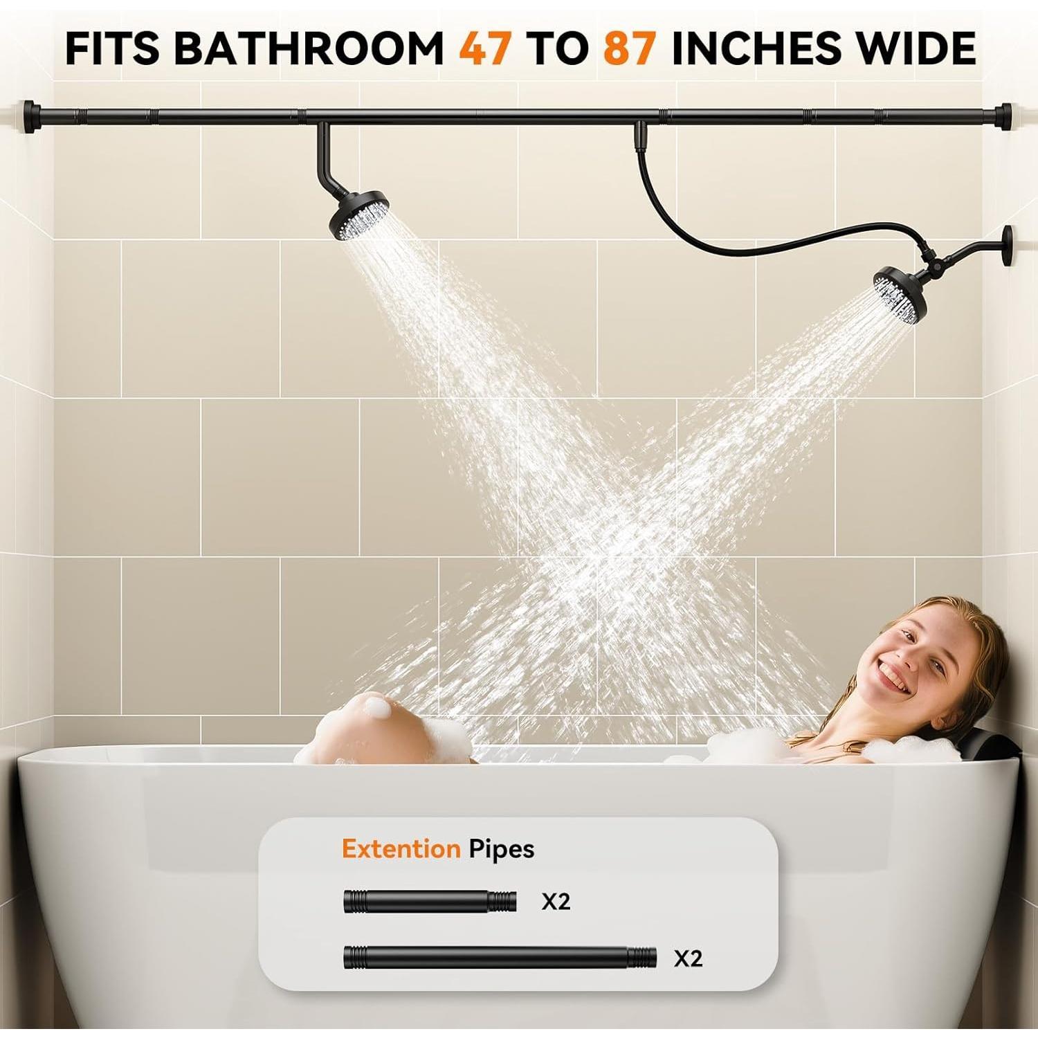 Dual Shower Head System with Rod for 2 People, Easy-Install High-Pressure Bathroom Shower Heads, Birthday Gifts for Men & Women (Black)