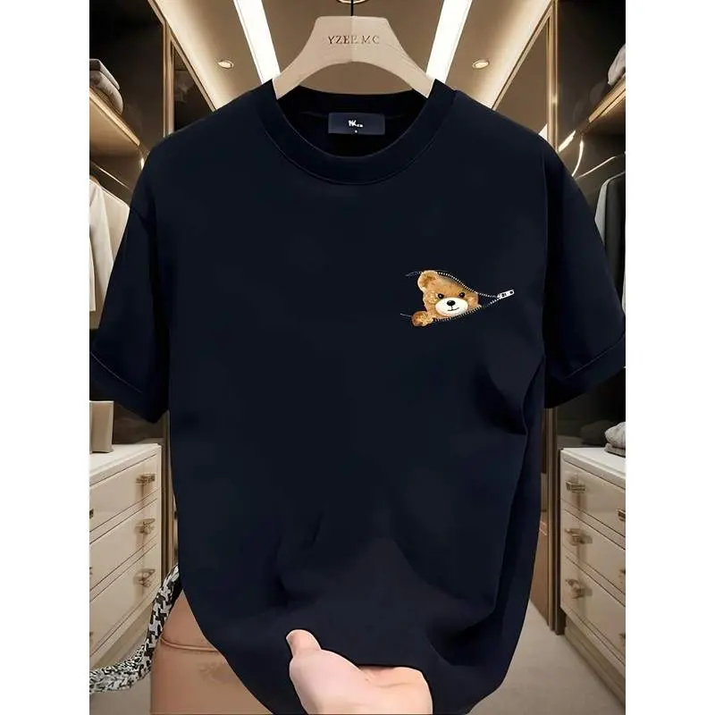 Cute Teddy Bear Pocket Print T-Shirt - Casual Short Sleeve Round Neck Cotton T-Shirt, Soft And Breathable Summer Top, Suitable For Men And Women, Pe