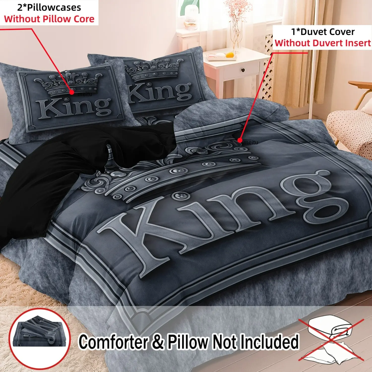 Crown Pattern Digital Print Soft Decorative Printed Bedding Set, 3-Piece (1 Duvet Cover + 2 Pillowcases), Polyester Fiber , No Core, Soft Bedding Sets
