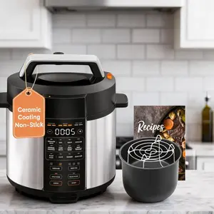6-Quart Versatile Electric Pressure Pot, Stainless Steel Outer Shell 9-in-1 Programmable Cooker Featuring 12 Built-In Safety Mechanisms, Ceramic Nonstick Inner Container, Functions for Rice, Slow Cooking, Sous Vide and Sauté, 1100W High Wattage